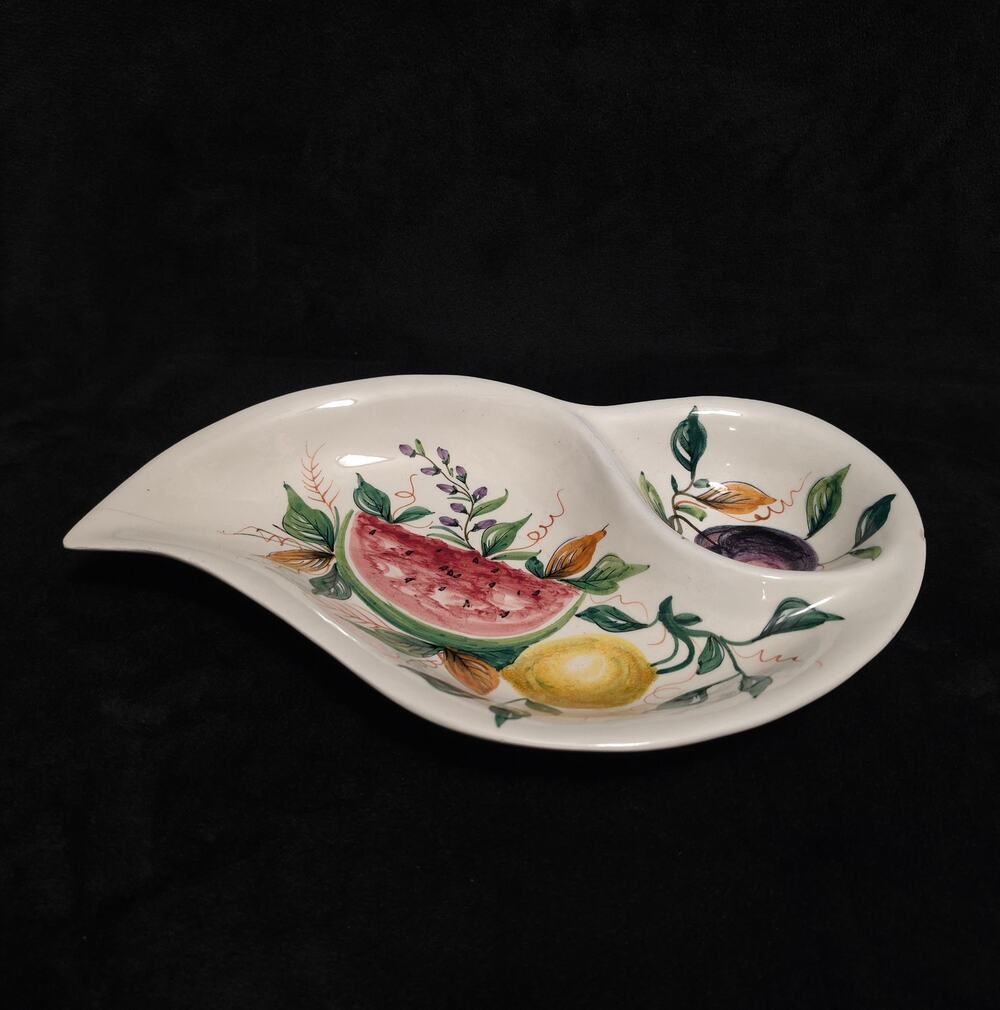 VNTG Italian Hand Painted Ceramic Divided Leaf ServingDish Watermelon LemonFruit